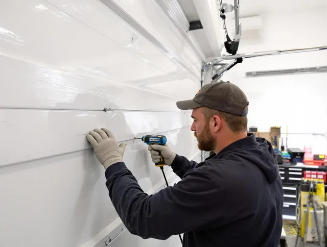 Hinesville Garage Door Repair technician demonstrating precision dent removal techniques on a Hinesville garage door