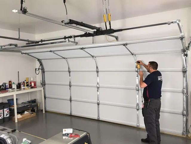 Hinesville Garage Door Repair certified technician performing overhead door system repair in Hinesville