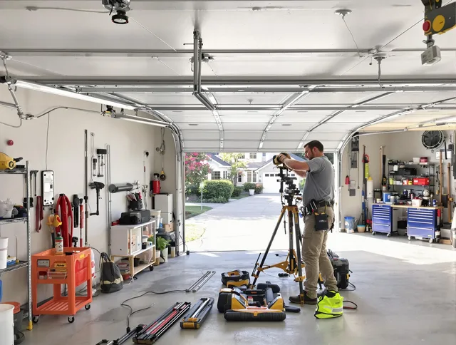 Hinesville Garage Door Repair specialist performing laser-guided track alignment in Hinesville